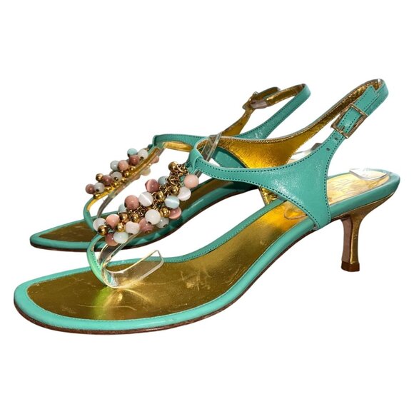 Will's Fancy Made In Italy Beaded Kitten Heels-Turquoise Leather, Size 7M - Picture 3 of 12